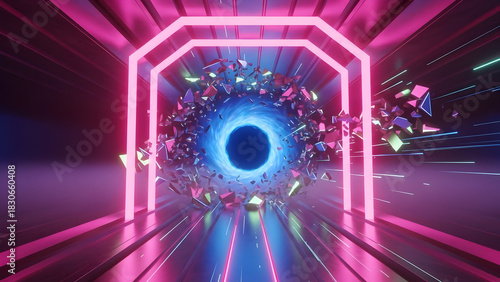 Fototapeta Naklejka Na Ścianę i Meble -  Dynamic neon tunnel with a vibrant blue energy portal surrounded by exploding abstract geometric fragments symbolizing a high-speed digital journey through the virtual unknown