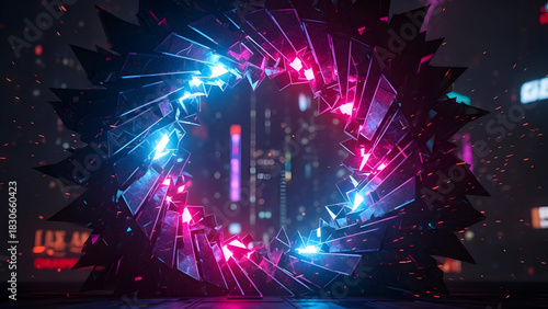 Vibrant futuristic geometric portal ring glowing with neon blue and pink light against a blurred urban cityscape background illustrating advanced digital technology and abstract data concepts