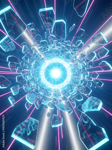 Vibrant digital energy core with abstract shattered crystal fragments and glowing neon light beams creating a dynamic futuristic portal effect