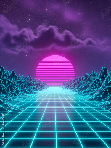 Vibrant retro-futuristic digital landscape featuring a glowing neon grid pathway leading towards a bright magenta sun and wireframe mountains under a purple starry sky