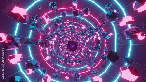 Fototapeta Naklejka Na Ścianę i Meble -  Captivating abstract digital tunnel background with vibrant glowing neon light rings and intricate geometric crystalline shapes creating a mesmerizing futuristic cyberspace portal