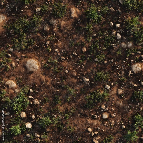 Detailed Aerial View of a Natural Landscape Featuring Rocks and Vegetation Over a Rich Soil Surface with Textures and Colors