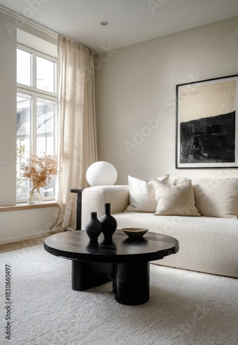 Cozy and elegant reading nook with neutral tones, abstract wall art, minimalist furniture, and warm natural light from large window.