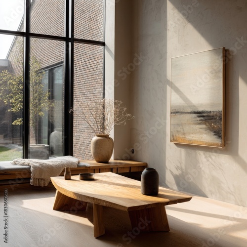 a modern, minimalist interior with a wood coffee table on the wall. the space is filled with natural daylight.
