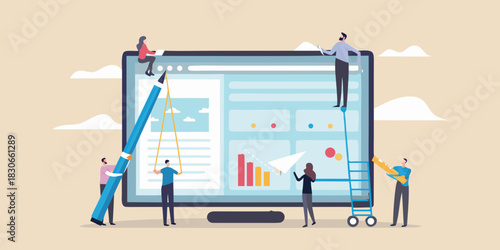 Team collaborating on website design and development with data visualization and analytics