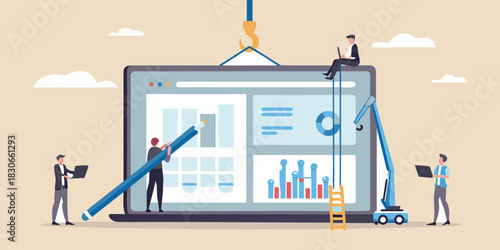 Business team working on a data analytics dashboard with cranes and ladders