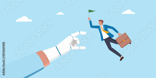 Businessman reaching for robot hand holding green flag in blue sky