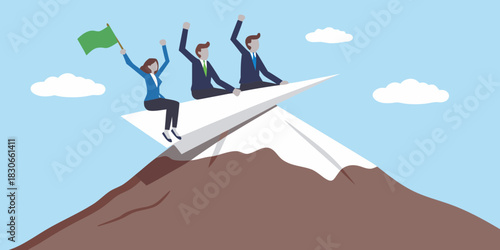 Business team on paper airplane flying over mountain top