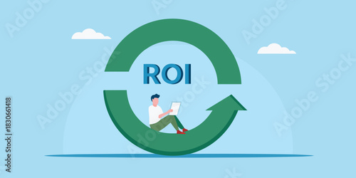 Return on investment concept man on roi arrow with tablet