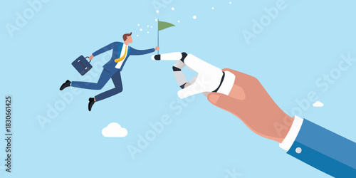 Businessman reaching goal with robotic assistance in the sky