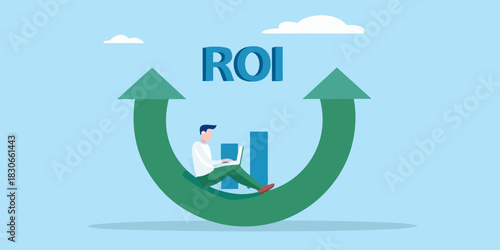 Man on roi arrow working on laptop business growth and success concept