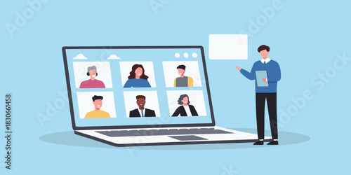 Online meeting presentation with diverse group on laptop screen and speaker