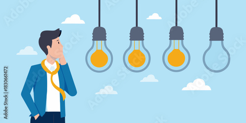 Man thinking with light bulbs representing ideas innovation and problem solving
