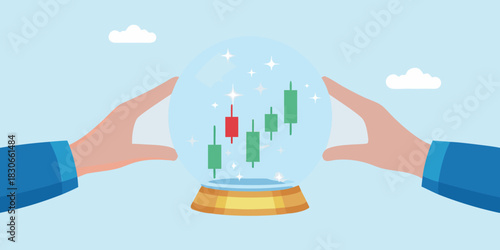 Financial future prediction hands holding crystal ball with candlestick chart