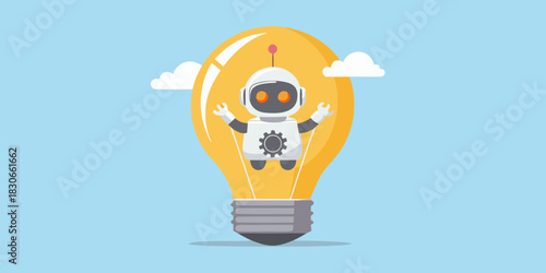 Robot inside light bulb with clouds concept of artificial intelligence innovation