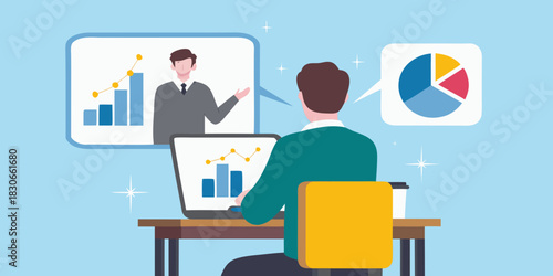 Online business meeting with data analysis and presentation illustration