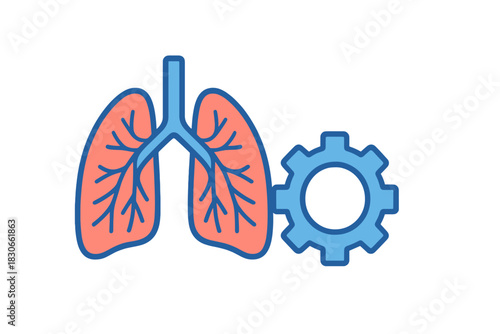 Human lungs organ paired with a cogwheel symbolizing respiratory health and mechanical function