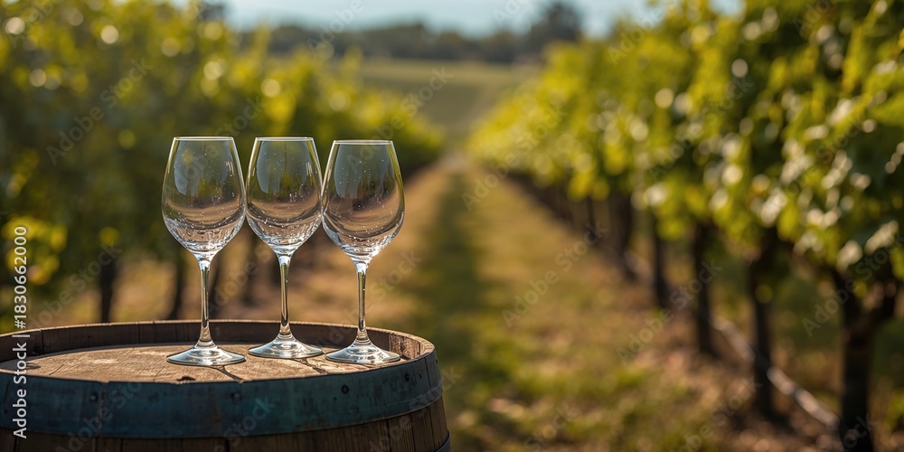 Fototapeta premium Wine glasses placed on a vineyard barrel, suitable for wine tasting setup