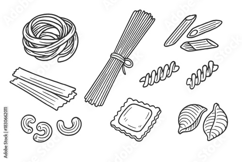 Detailed hand drawn sketch set of various dry Italian pasta shapes including fusilli and lasagna