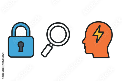 Digital icons representing data protection, detailed analysis, and innovative problem solving concepts