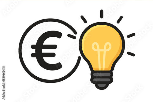 Glowing light bulb next to Euro currency symbol representing financial innovation and business solutions