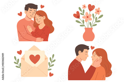 Romantic collection featuring affectionate couples, heart flowers, and a sweet love letter envelope