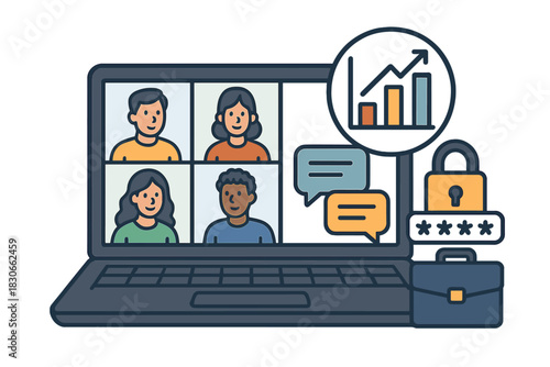 Remote team video conference meeting with business growth, security, and communication icons