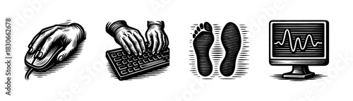 Behavioral biometrics vintage engraving icons set, typing mouse and gait