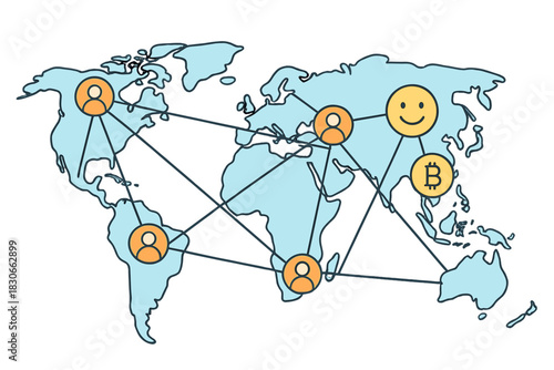 Global decentralized network connecting people and cryptocurrency across the world map continents
