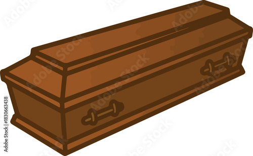 Brown wooden coffin vector with metallic handles isolated on a transparent background for funeral and death concepts