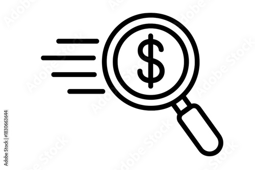 Financial analysis and money search concept icon with dollar sign and speed lines