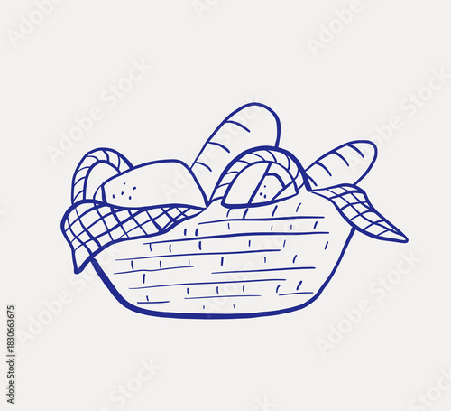 Bread basket drawing, whimsical baked product for picnic, doodle line illustration