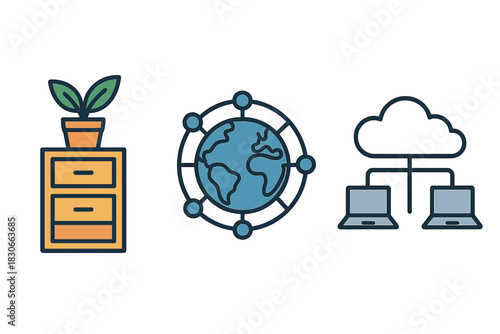 Three icons depicting environment, global networking, and cloud computing concepts