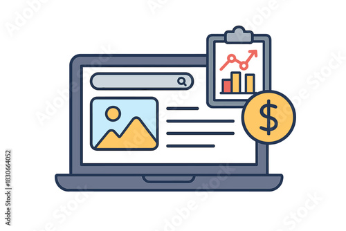 Digital marketing content monetization strategy on laptop screen with financial charts and dollar coin