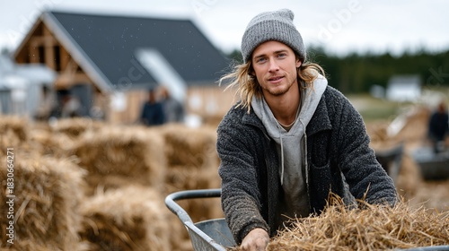 A young man dressed in casual farm attire works diligently with hay bales, showcasing the hard work and rural lifestyle of farm life in a scenic outdoor environment.