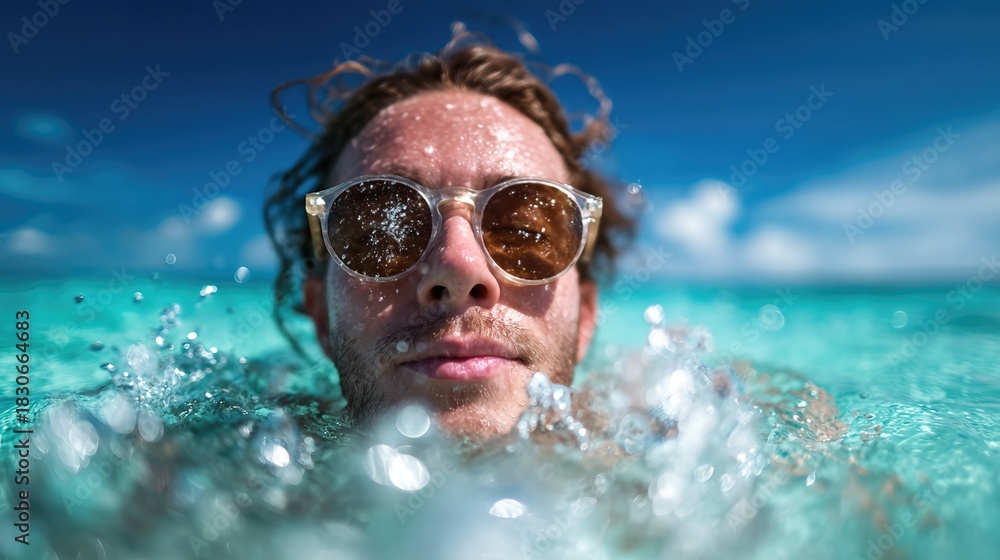 Naklejka premium A contemplative young man submerged in sparkling blue waters gazes toward the camera while bubbles surround him, capturing a moment of introspection and connection with nature.
