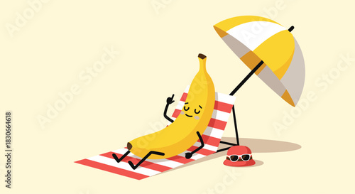 Funny cartoon banana character relaxing on a striped beach towel under a yellow sun umbrella for a perfect summer vacation.