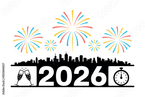 2026 New Year Countdown City Skyline Celebration Graphic Design