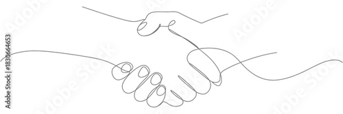 Continuous line drawing of two hands shaking, elegant handshake illustration representing agreement, partnership, business deal