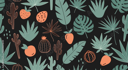 Tropical seamless pattern with exotic leaves cacti and fruits on a dark background for a bold and modern textile design.