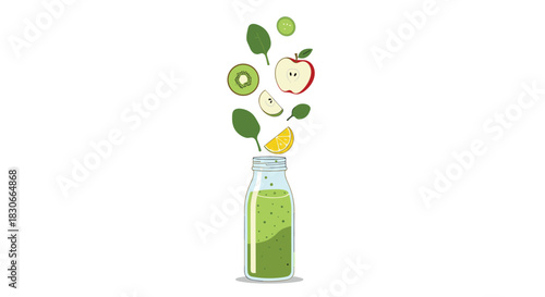 Healthy green smoothie ingredients like spinach kiwi and apple flying into a glass bottle for a nutritious detox drink.
