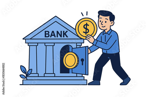 Man depositing a large coin into a bank vault for savings and financial security