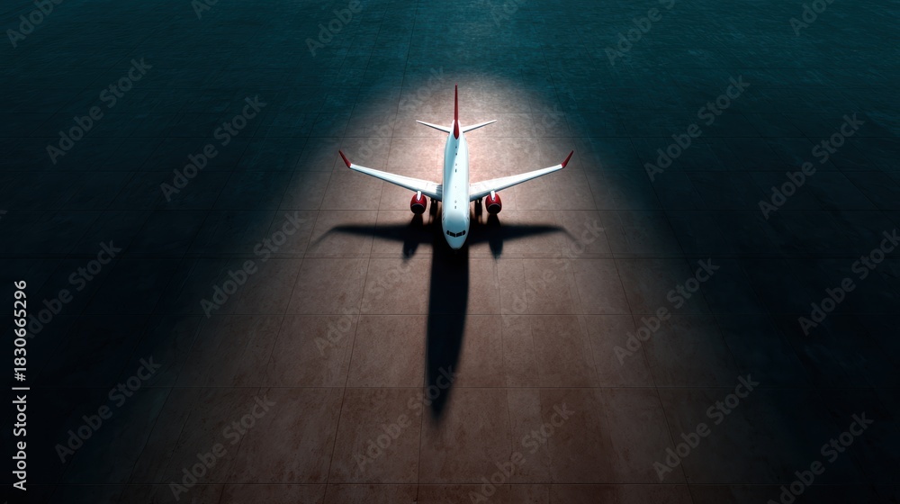 Fototapeta premium An airplane stands poised on the tarmac, casting a striking silhouette in soft lighting, symbolizing travel, adventure, and the anticipation of journeys yet to come.