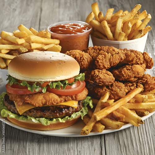 Photo of a fast food feast including burgers, fries, fried chicken, and fresh lettuce