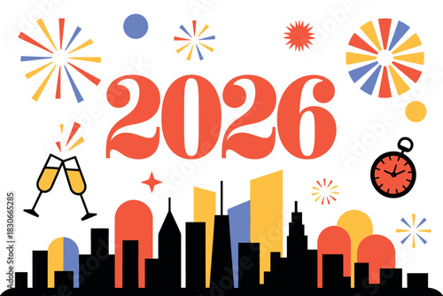 2026 New Year Countdown City Skyline Celebration Graphic Design