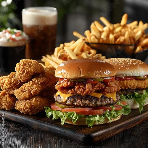 Photo of a fast food feast including burgers, fries, fried chicken, and fresh lettuce