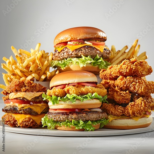 Photo of a fast food feast including burgers, fries, fried chicken, and fresh lettuce