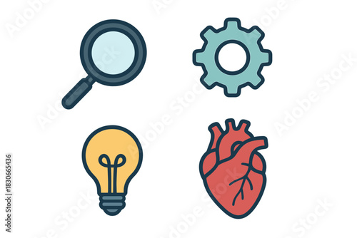 Conceptual icons set featuring research tool, mechanical cog, bright idea, and human organ