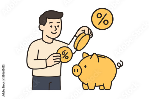Man depositing coin with percentage symbol into piggy bank for financial growth