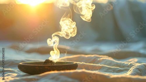 Bowl with fire on bed surface bowl holds controlled fire carefully placed on bed surface gentle flames glow